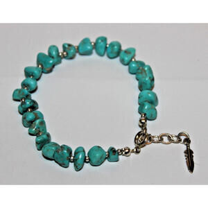 Vintage 925 Sterling Silver Turquoise Nugget Bracelet Feather Charm 7”